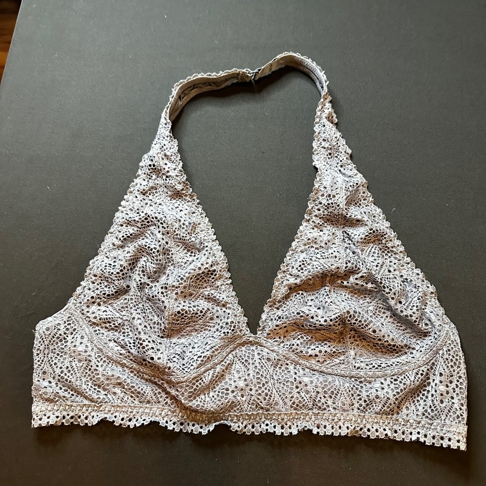 Victoria's Secret Lace Halter Bralette XL Grey Blue Triangle Wireless 361440-A59